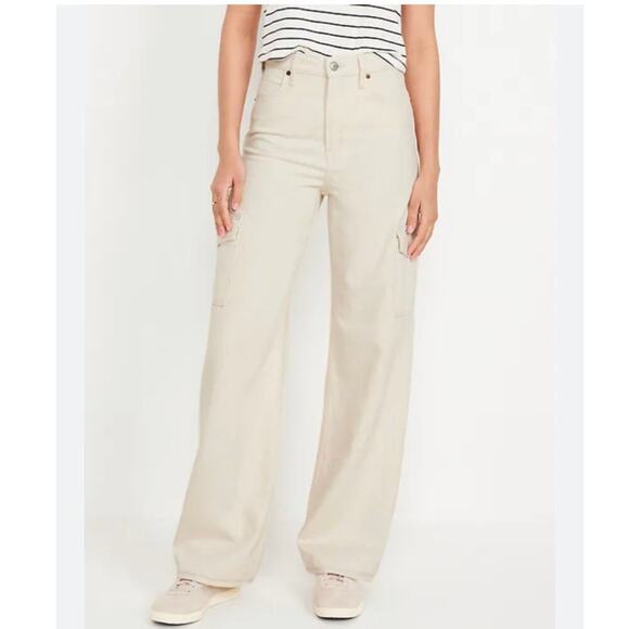 Old Navy Extra High Waisted Sky Hi Wide Leg Cargo Jeans Cream Sz 14 90s Y2K NWOT - Picture 1 of 11